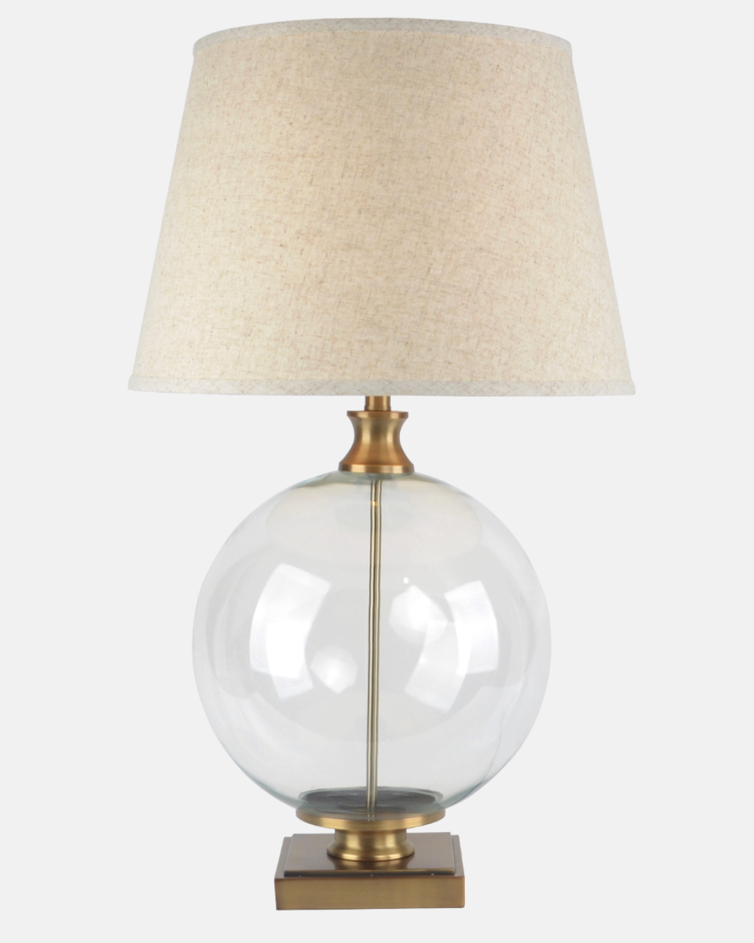 Lunel Glass Orb Table Lamp – Brass Glass Base & Edged Linen Shade, 79 cm