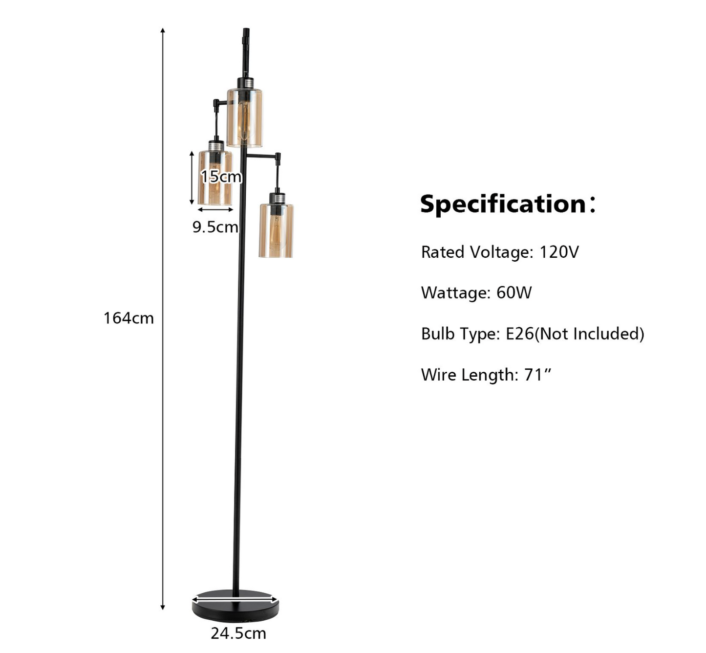 3‑Head Floor Lamp – Iron Frame with Amber Glass Shades, 164 cm Standing Lamp