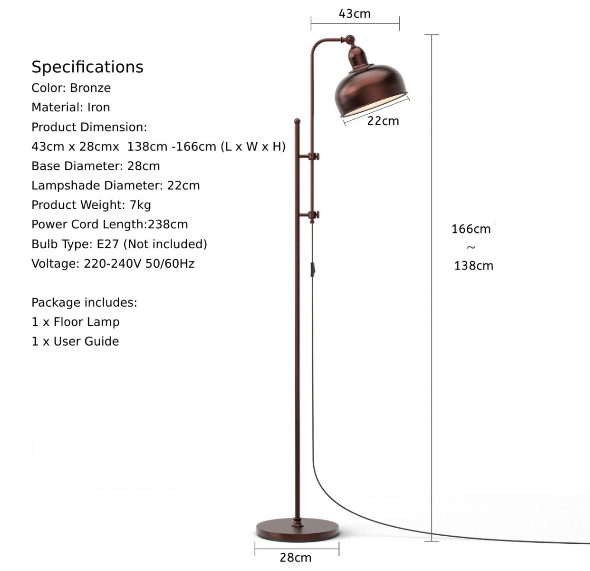 Industrial Floor Lamp with Adjustable Height and Lamp Head