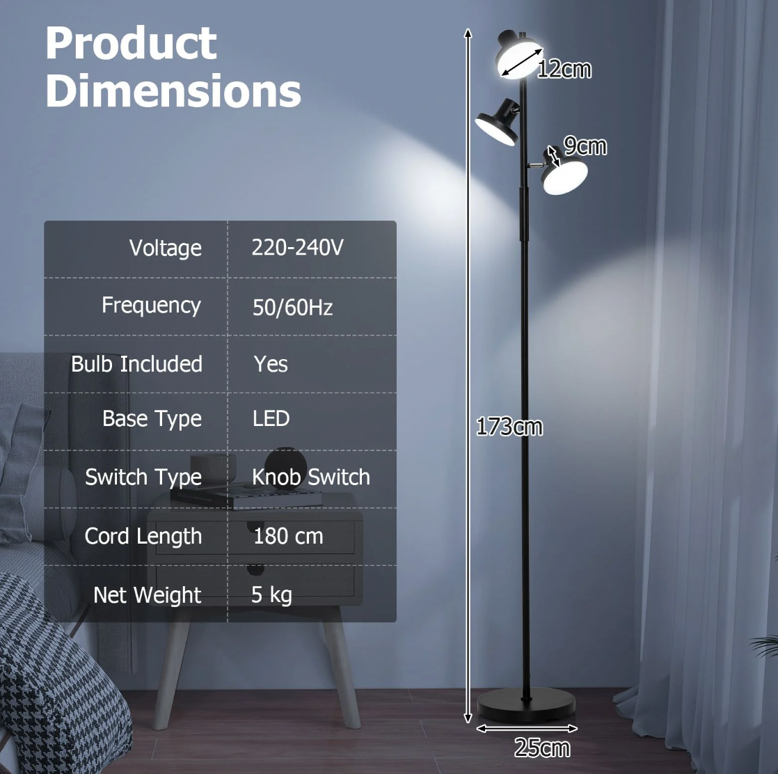 3‑Light Adjustable LED Floor Lamp – Tree Stand Lamp, 173 cm, Dimmable, Rotating Heads