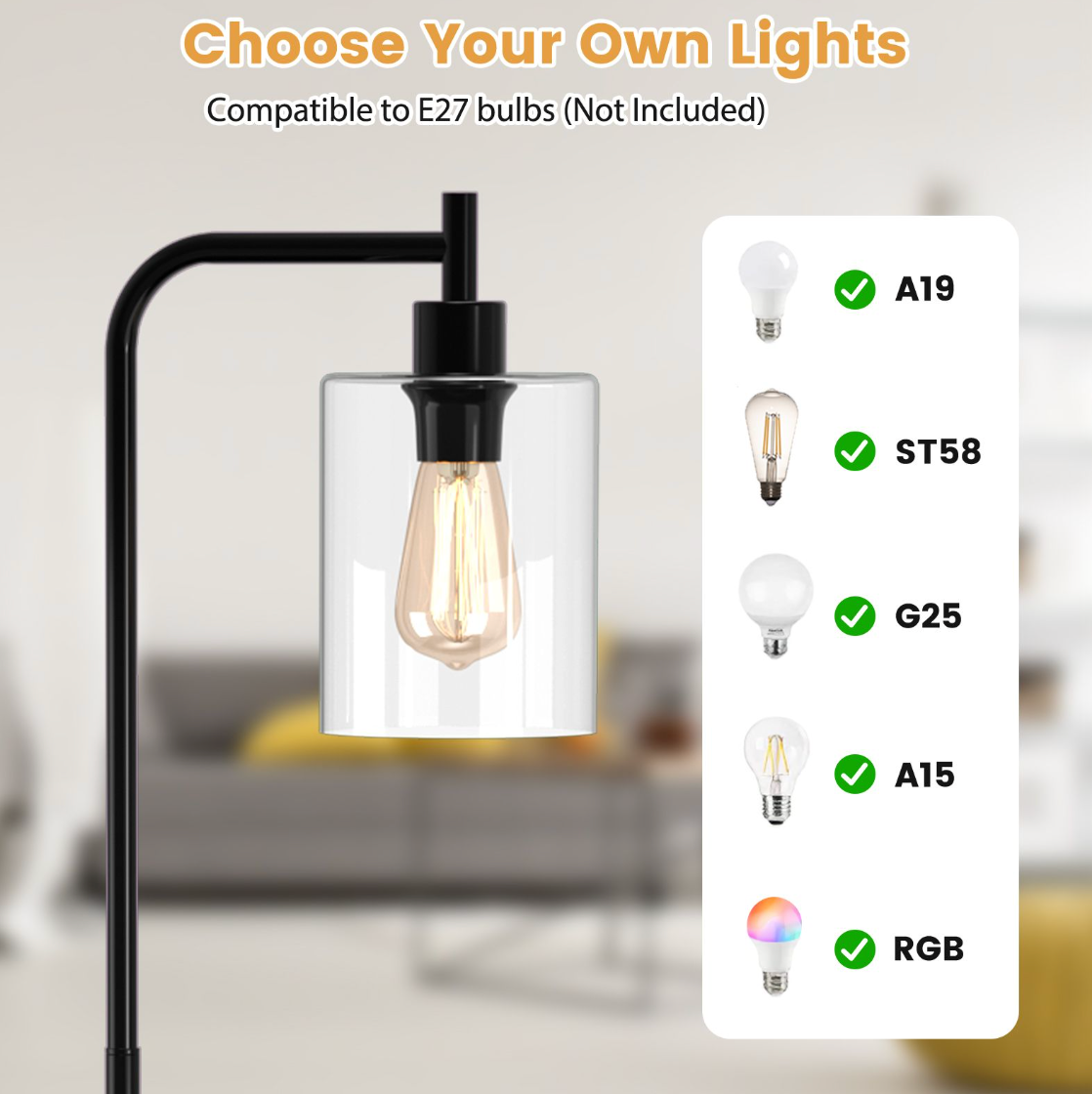 Industrial Floor Lamp – Metal Base with Clear Glass Shade & Foot Switch, 167 cm