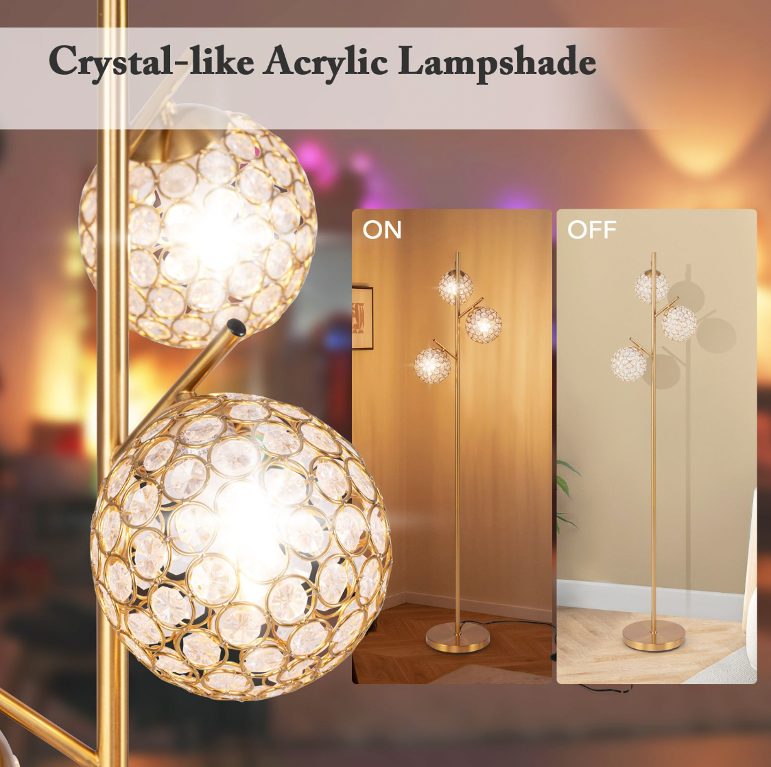 3‑Globe Floor Lamp – Golden Metal Tree Lamp, 3x E27 Sockets, Foot Switch, 169 cm