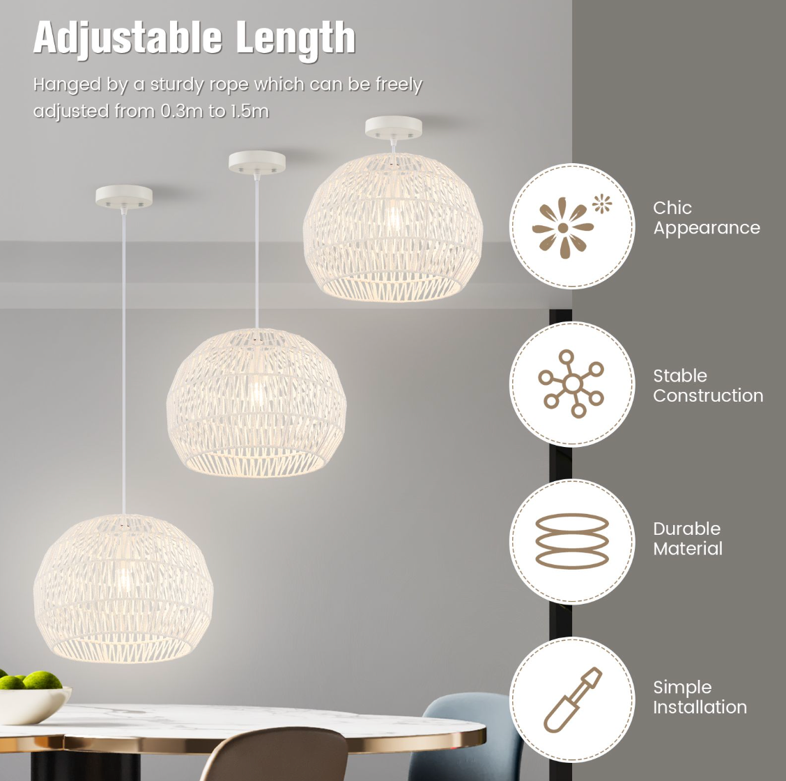 Round Paper Pendant Light – Adjustable Hanging Rope, E27 Ceiling Lamp, 44 cm Dome