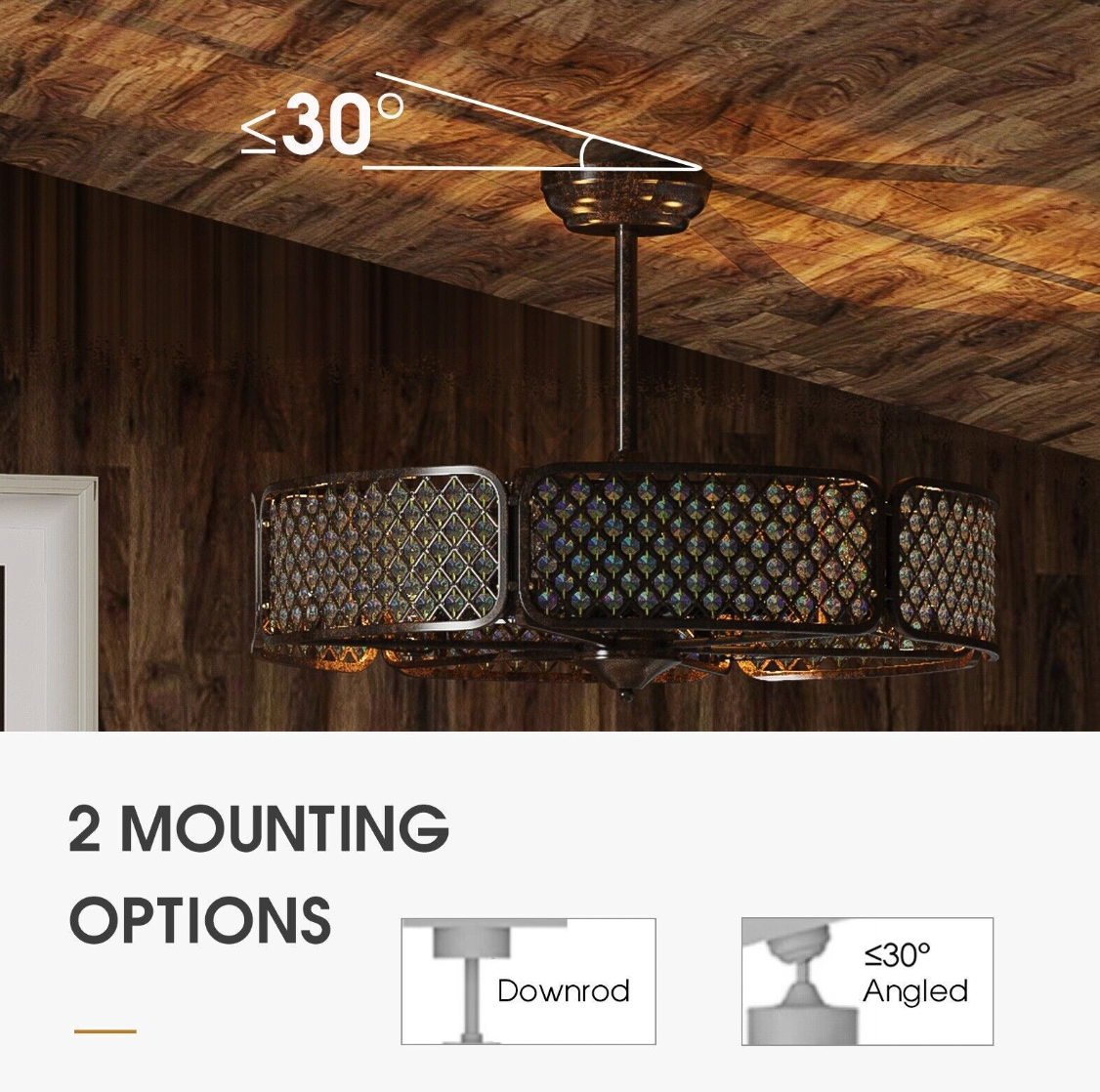 Caged Crystal Ceiling Fan Light – 3‑Blade Fan & Multi‑Bulb Light, 78 cm Drop, Remote Control