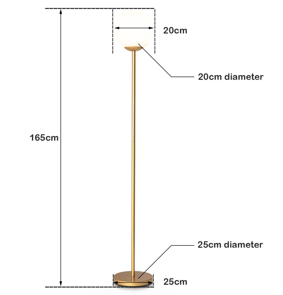 Gold Acrylic Globe Standing Floor Lamp – Steel Base, 165 cm, E27 Bulb