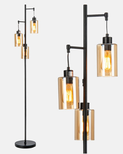 3‑Head Floor Lamp – Iron Frame with Amber Glass Shades, 164 cm Standing Lamp