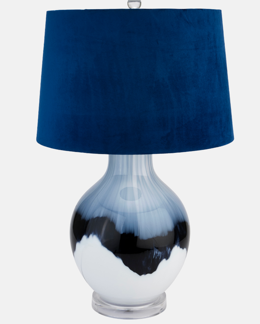 Ice Shadows Table Lamp – Hand-Glazed Glass Base, Navy Velvet Shade, 68 cm
