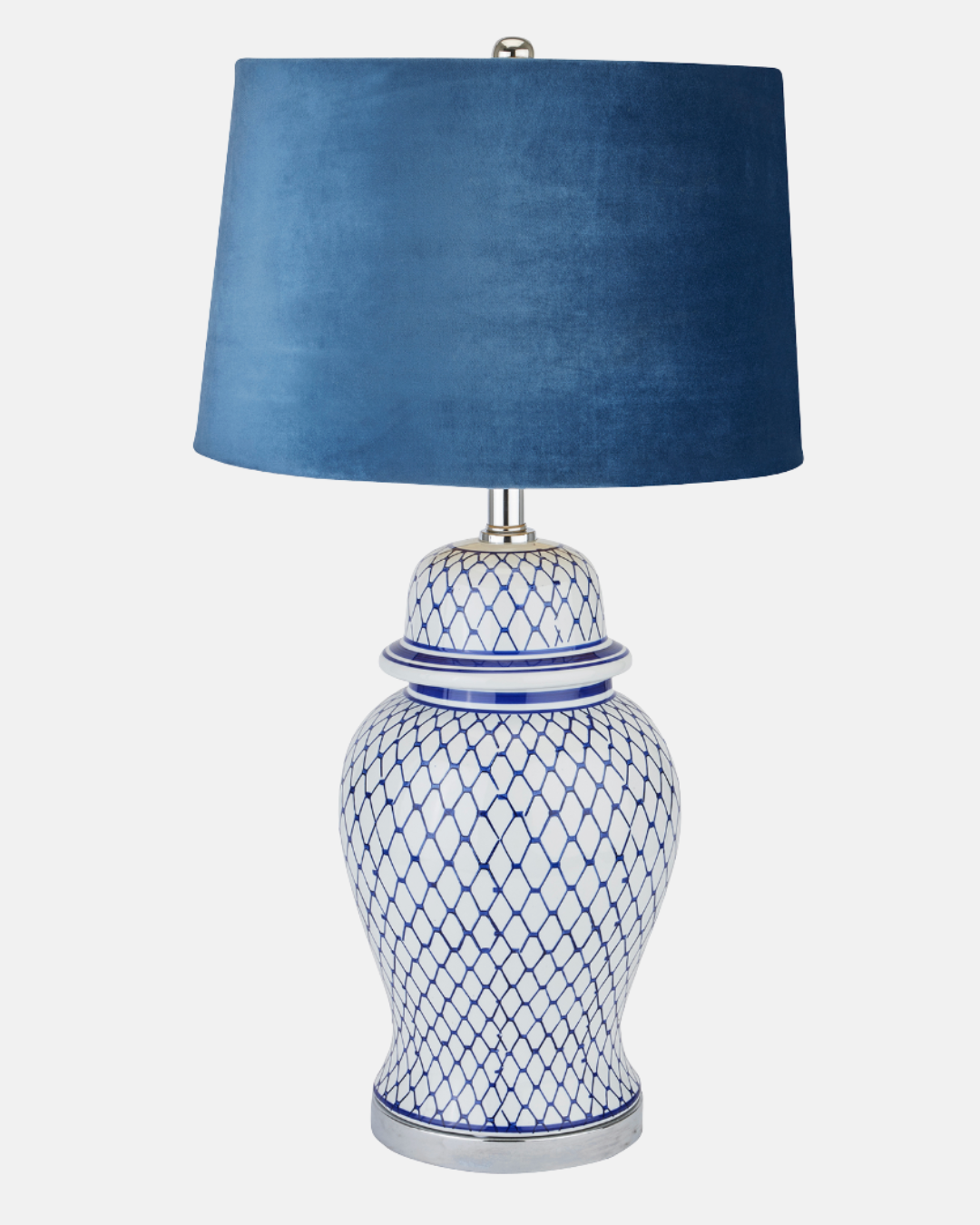 Malabar Blue And White Ceramic Lamp With Blue Velvet Shade