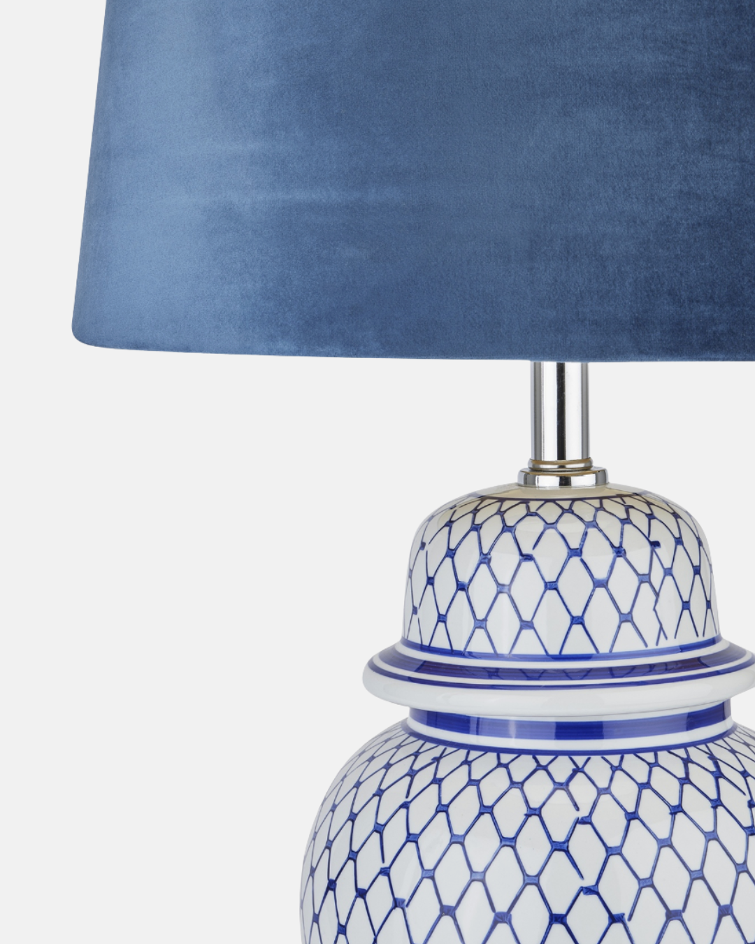 Malabar Blue And White Ceramic Lamp With Blue Velvet Shade