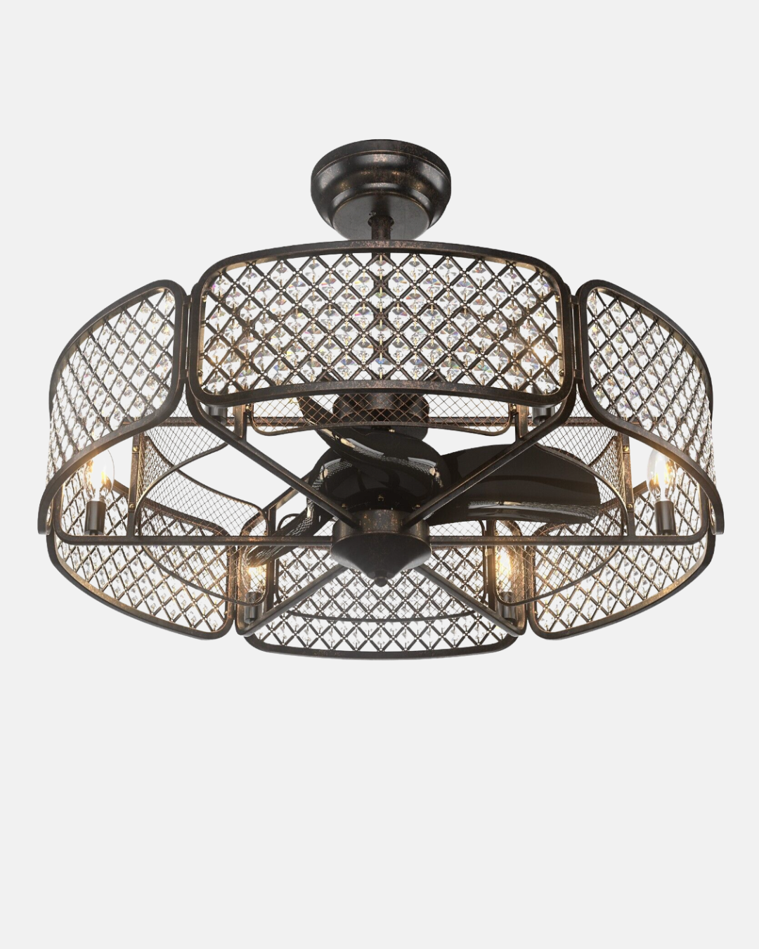 Caged Crystal Ceiling Fan Light – 3‑Blade Fan & Multi‑Bulb Light, 78 cm Drop, Remote Control