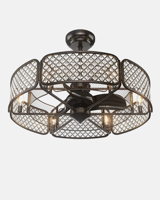 Caged Crystal Ceiling Fan Light – 3‑Blade Fan & Multi‑Bulb Light, 78 cm Drop, Remote Control