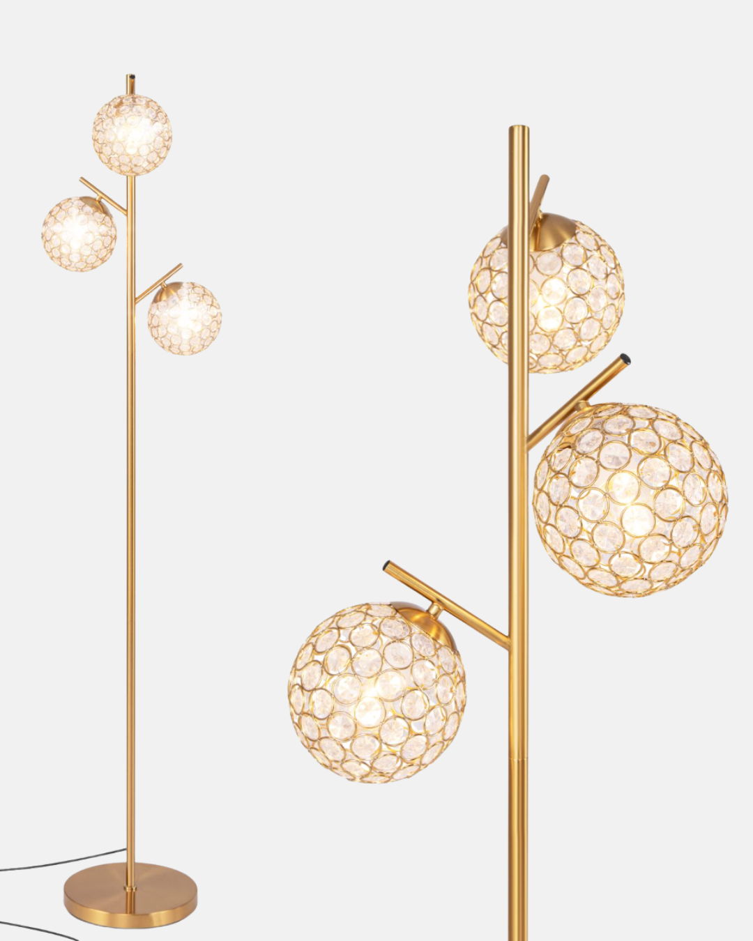 3‑Globe Floor Lamp – Golden Metal Tree Lamp, 3x E27 Sockets, Foot Switch, 169 cm