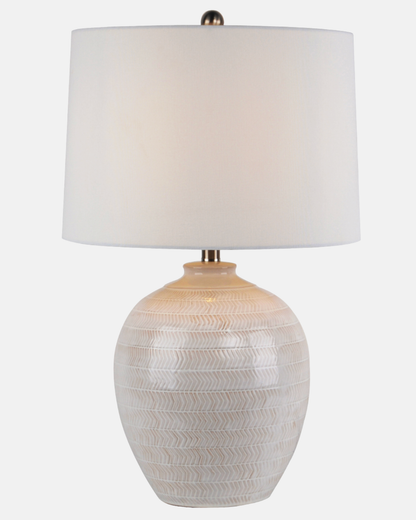 Chevronne Ceramic Table Lamp with Linen Shade – Geometric Relief Base, White, 63 cm