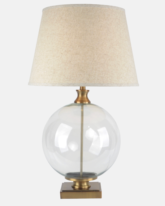 Lunel Glass Orb Table Lamp – Brass Glass Base & Edged Linen Shade, 79 cm