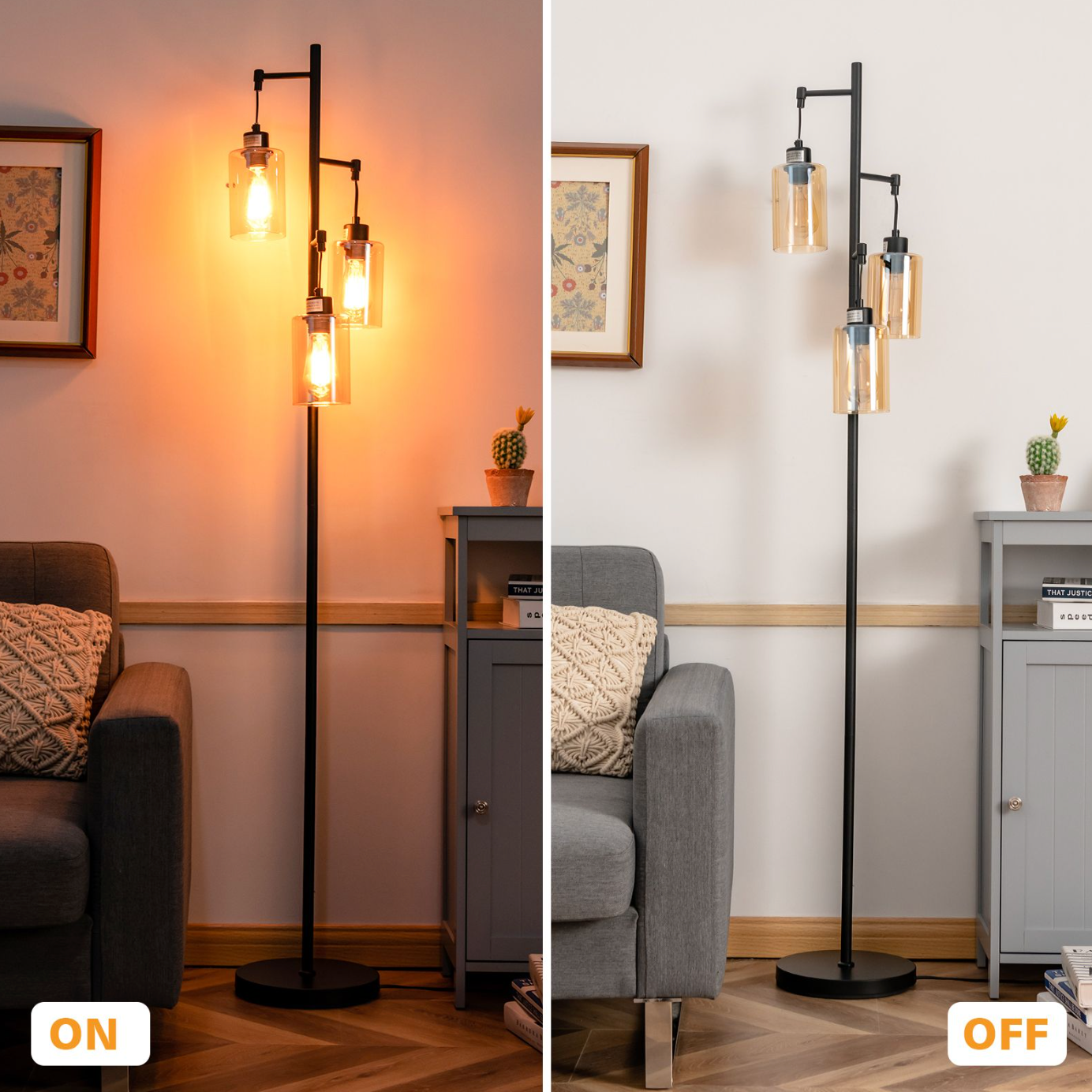 3‑Head Floor Lamp – Iron Frame with Amber Glass Shades, 164 cm Standing Lamp