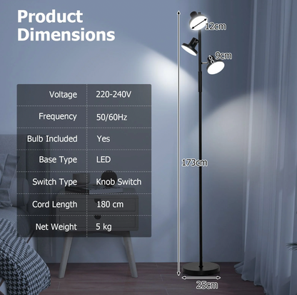 3‑Light Adjustable LED Floor Lamp – Tree Stand Lamp, 173 cm, Dimmable, Rotating Heads