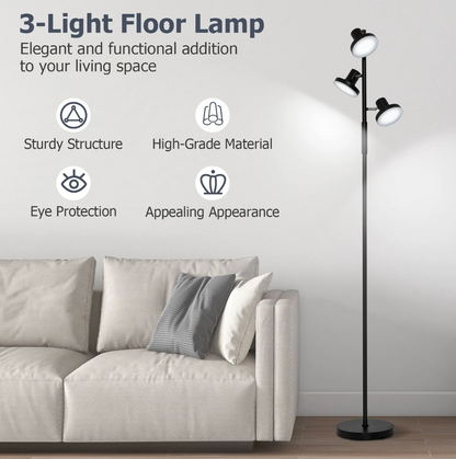 3‑Light Adjustable LED Floor Lamp – Tree Stand Lamp, 173 cm, Dimmable, Rotating Heads