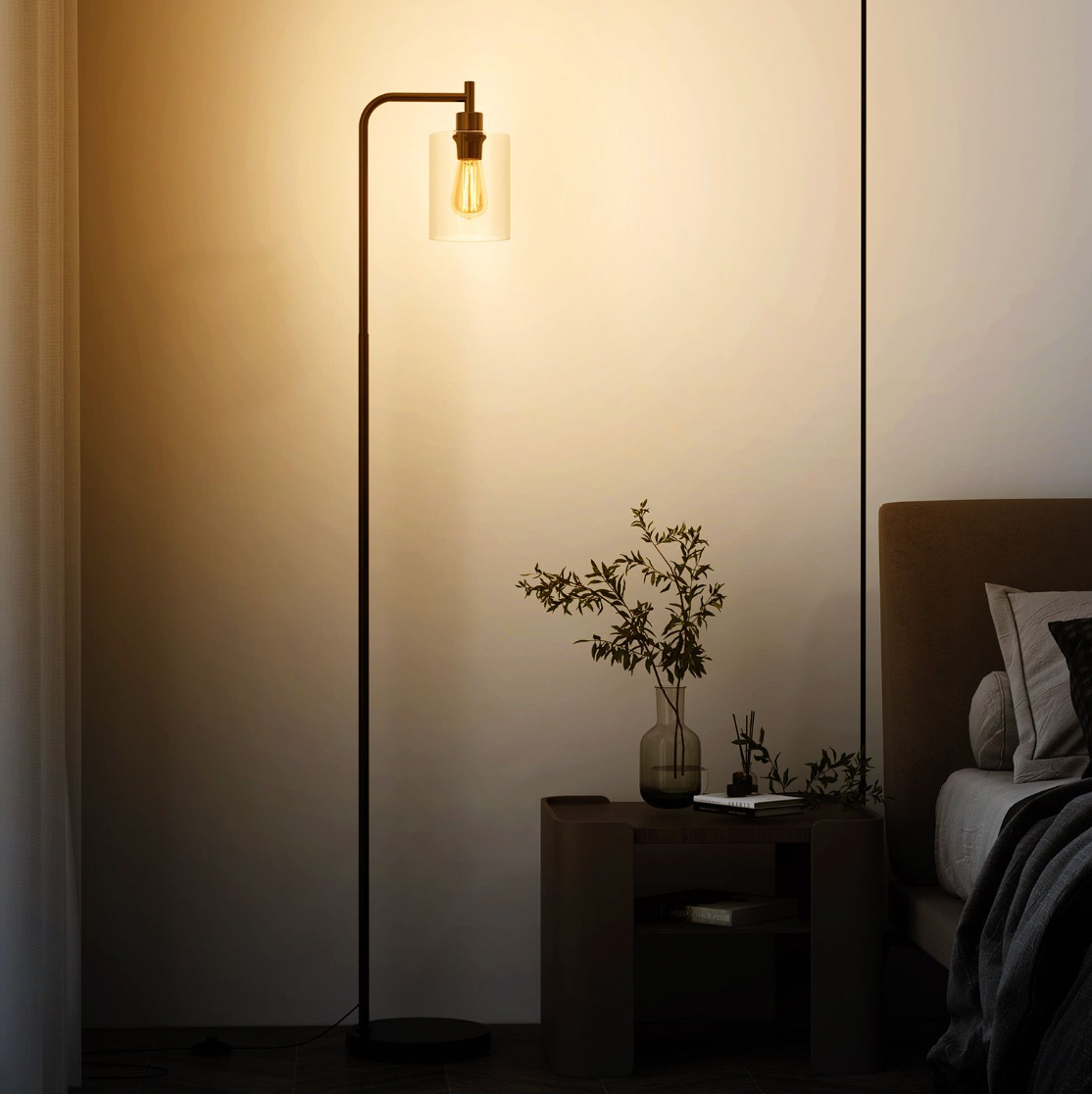 Industrial Floor Lamp – Metal Base with Clear Glass Shade & Foot Switch, 167 cm
