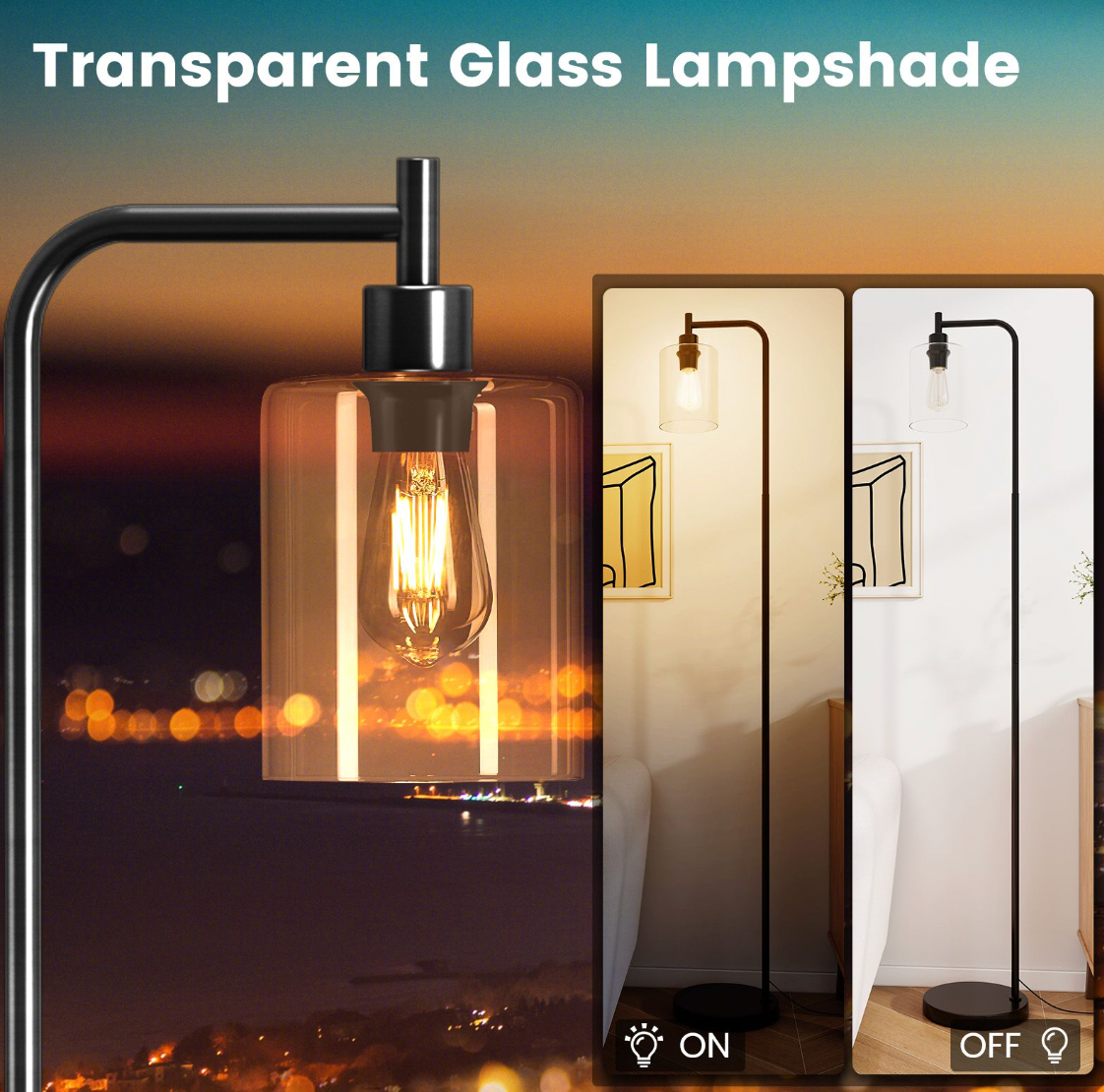 Industrial Floor Lamp – Metal Base with Clear Glass Shade & Foot Switch, 167 cm