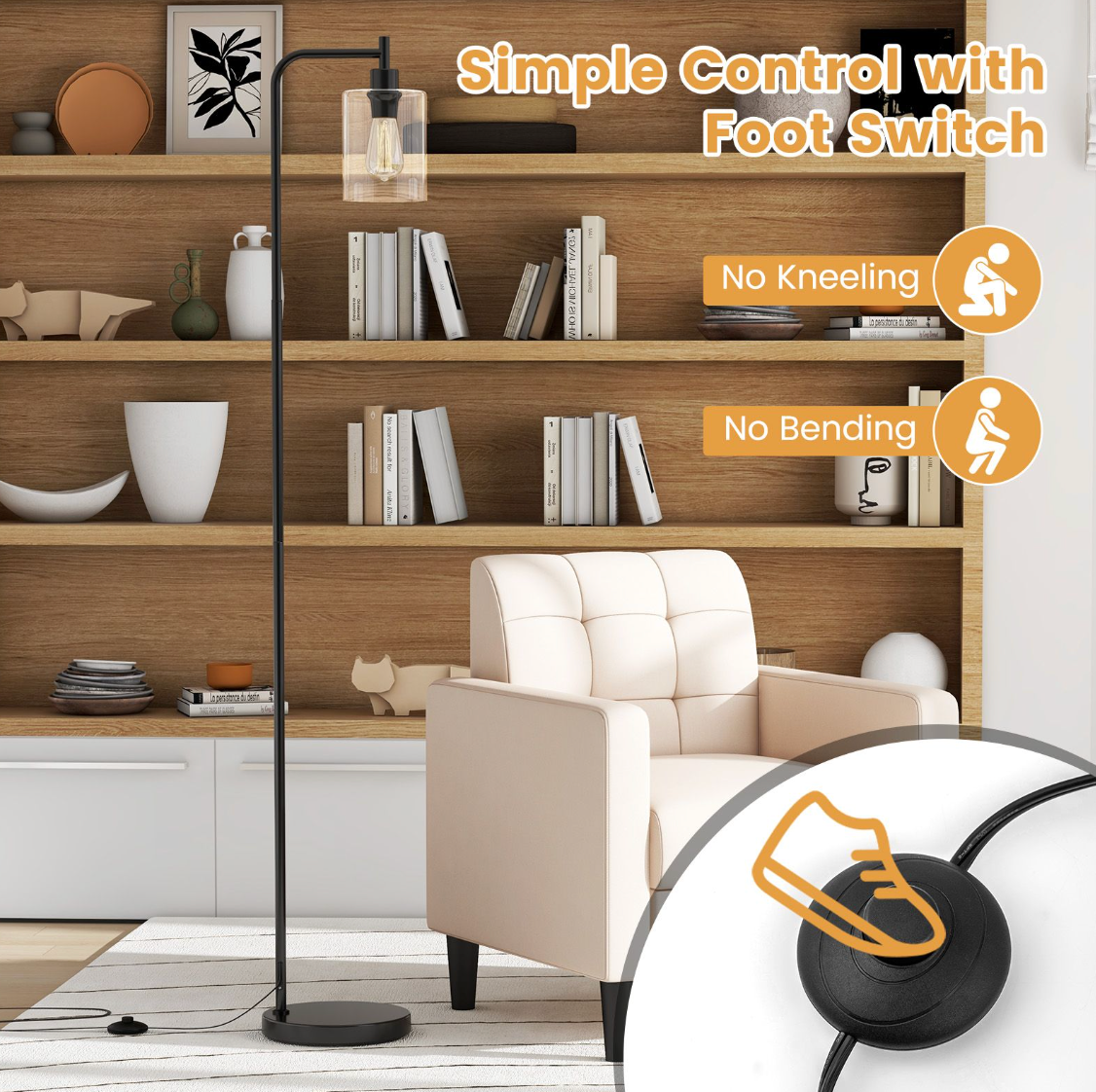 Industrial Floor Lamp – Metal Base with Clear Glass Shade & Foot Switch, 167 cm