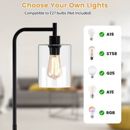 Industrial Floor Lamp – Metal Base with Clear Glass Shade & Foot Switch, 167 cm