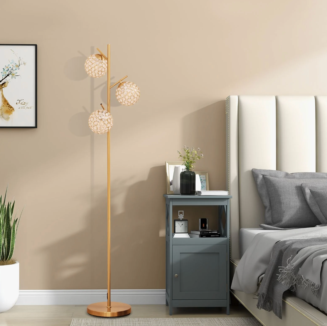 3‑Globe Floor Lamp – Golden Metal Tree Lamp, 3x E27 Sockets, Foot Switch, 169 cm