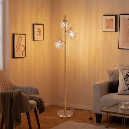 3‑Globe Floor Lamp – Golden Metal Tree Lamp, 3x E27 Sockets, Foot Switch, 169 cm