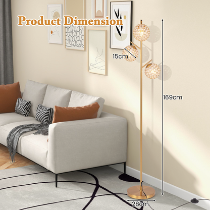 3‑Globe Floor Lamp – Golden Metal Tree Lamp, 3x E27 Sockets, Foot Switch, 169 cm