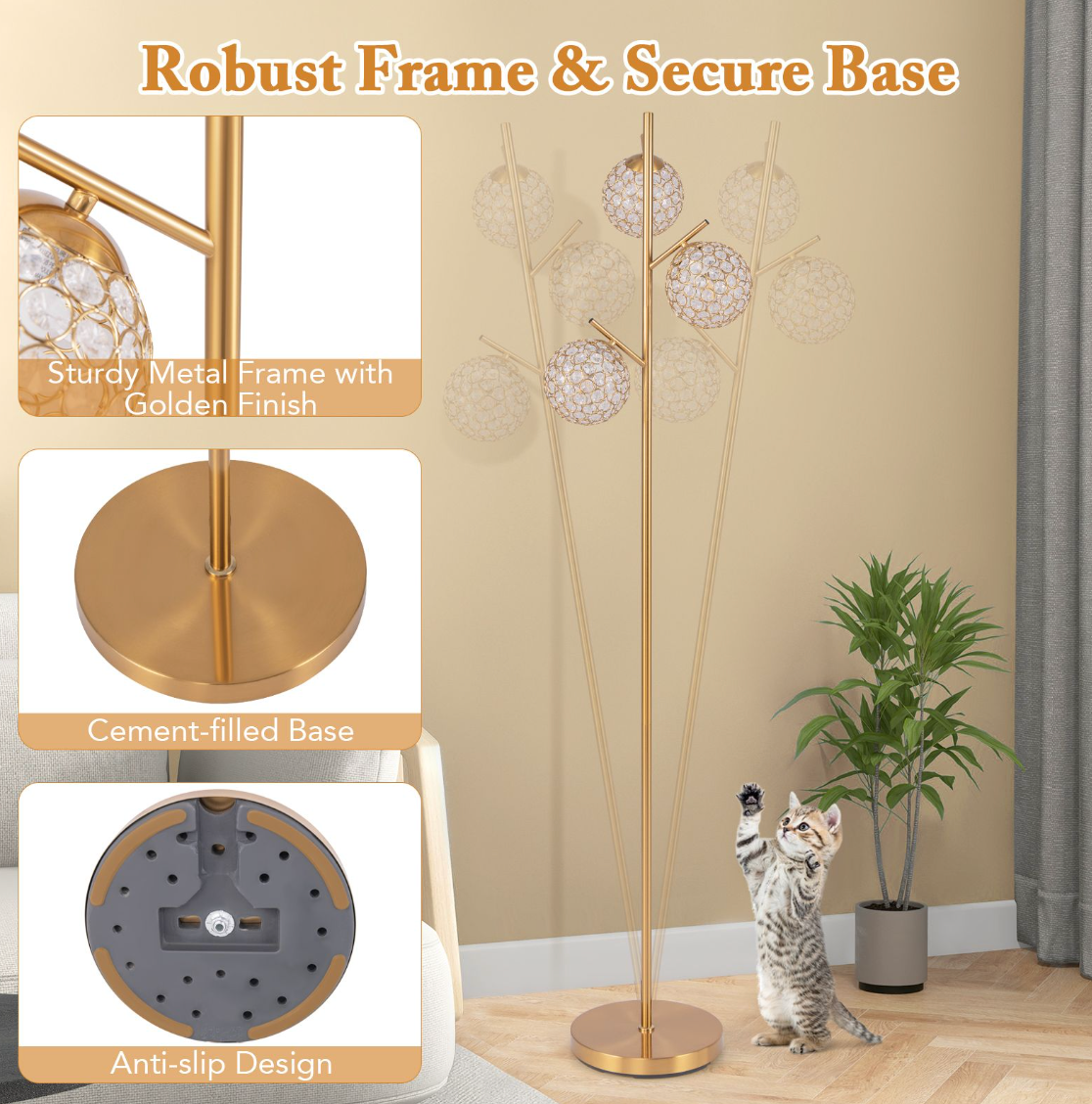 3‑Globe Floor Lamp – Golden Metal Tree Lamp, 3x E27 Sockets, Foot Switch, 169 cm