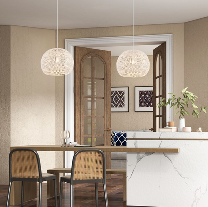 Round Paper Pendant Light – Adjustable Hanging Rope, E27 Ceiling Lamp, 44 cm Dome