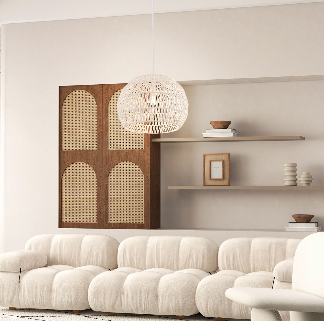 Round Paper Pendant Light – Adjustable Hanging Rope, E27 Ceiling Lamp, 44 cm Dome