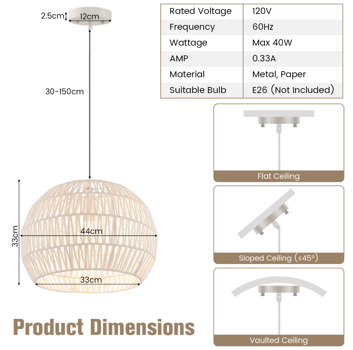 Round Paper Pendant Light – Adjustable Hanging Rope, E27 Ceiling Lamp, 44 cm Dome