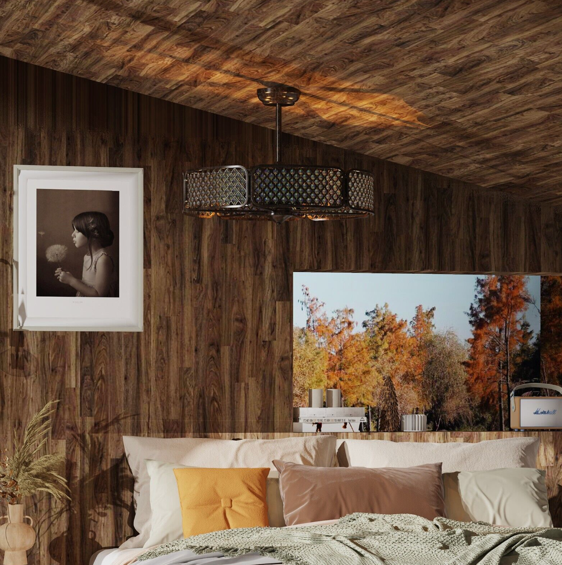 Caged Crystal Ceiling Fan Light – 3‑Blade Fan & Multi‑Bulb Light, 78 cm Drop, Remote Control