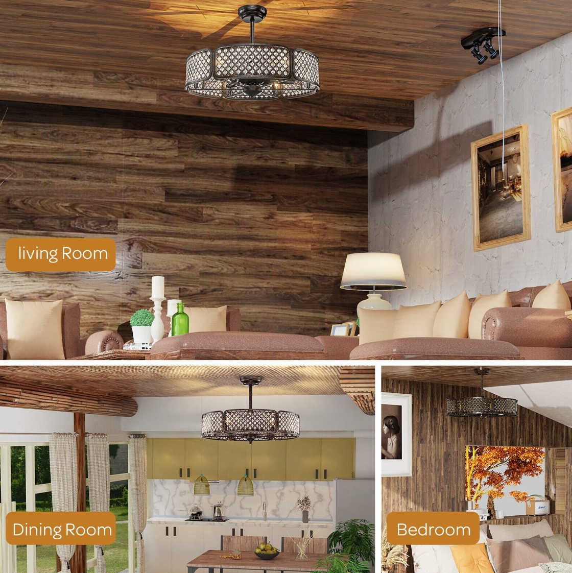 Caged Crystal Ceiling Fan Light – 3‑Blade Fan & Multi‑Bulb Light, 78 cm Drop, Remote Control