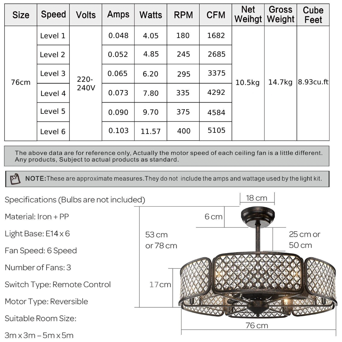 Caged Crystal Ceiling Fan Light – 3‑Blade Fan & Multi‑Bulb Light, 78 cm Drop, Remote Control