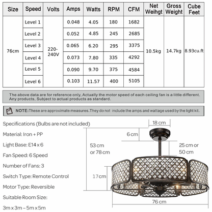 Caged Crystal Ceiling Fan Light – 3‑Blade Fan & Multi‑Bulb Light, 78 cm Drop, Remote Control