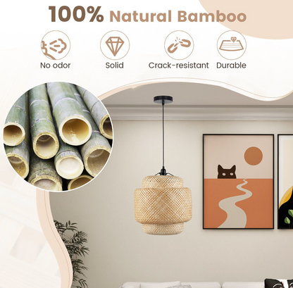 Bamboo Pendant Light – Hand‑Woven Shade & Plug‑in Cord, Adjustable Height, E27 Socket