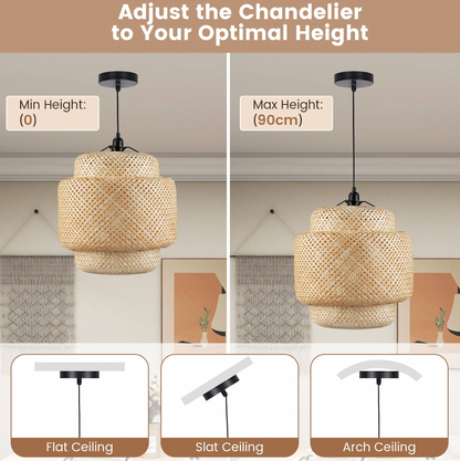 Bamboo Pendant Light – Hand‑Woven Shade & Plug‑in Cord, Adjustable Height, E27 Socket