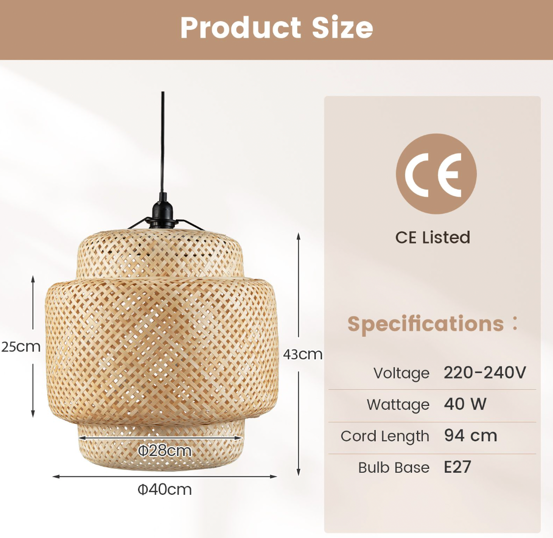 Bamboo Pendant Light – Hand‑Woven Shade & Plug‑in Cord, Adjustable Height, E27 Socket