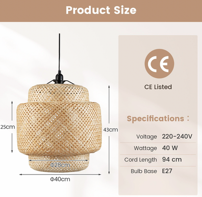 Bamboo Pendant Light – Hand‑Woven Shade & Plug‑in Cord, Adjustable Height, E27 Socket