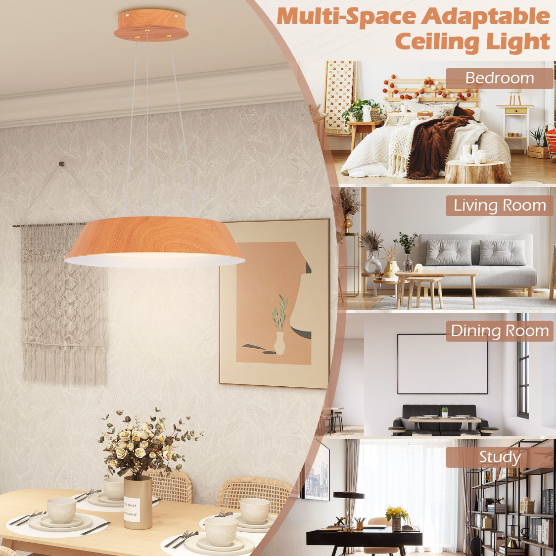 Modern LED Ceiling Light – 22W Wood‑Grain Metal Frame, Warm 3000 K, Contemporary Indoor Lighting