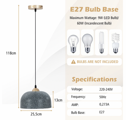 Adjustable Hanging Pendant Light – Metal E27 Ceiling Lamp, Grey Finish, Adjustable 25 cm Drop