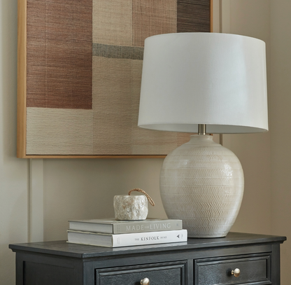 Chevronne Ceramic Table Lamp with Linen Shade – Geometric Relief Base, White, 63 cm