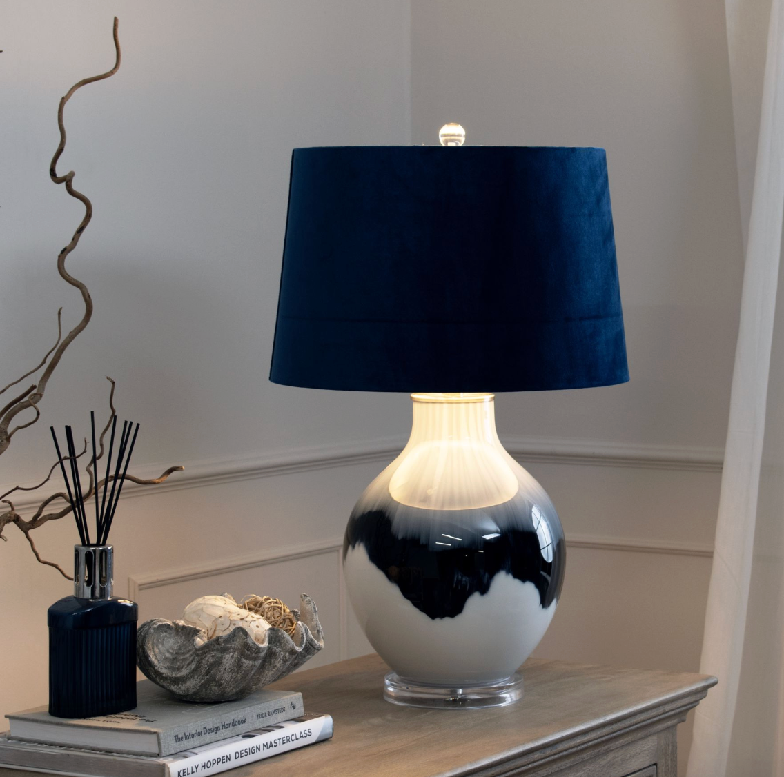 Ice Shadows Table Lamp – Hand-Glazed Glass Base, Navy Velvet Shade, 68 cm