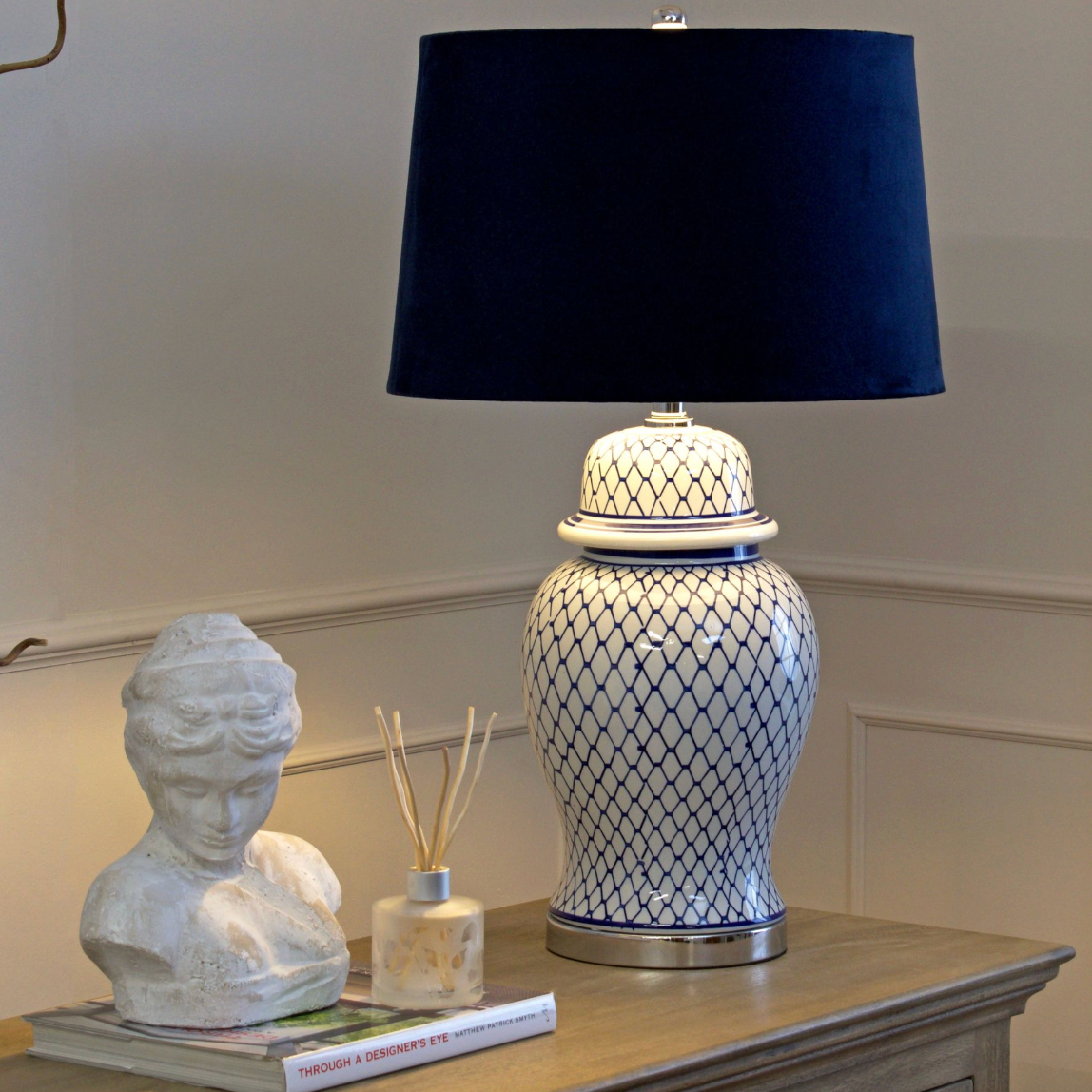 Malabar Blue And White Ceramic Lamp With Blue Velvet Shade