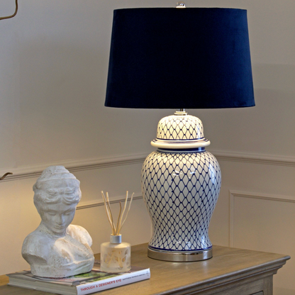 Malabar Blue And White Ceramic Lamp With Blue Velvet Shade