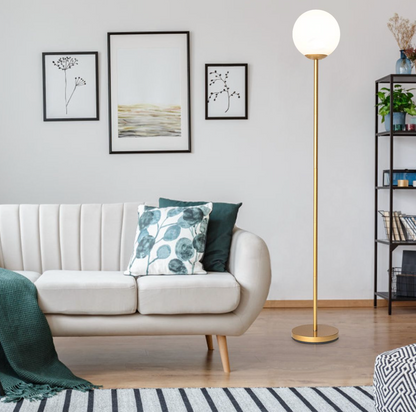 Gold Acrylic Globe Standing Floor Lamp – Steel Base, 165 cm, E27 Bulb